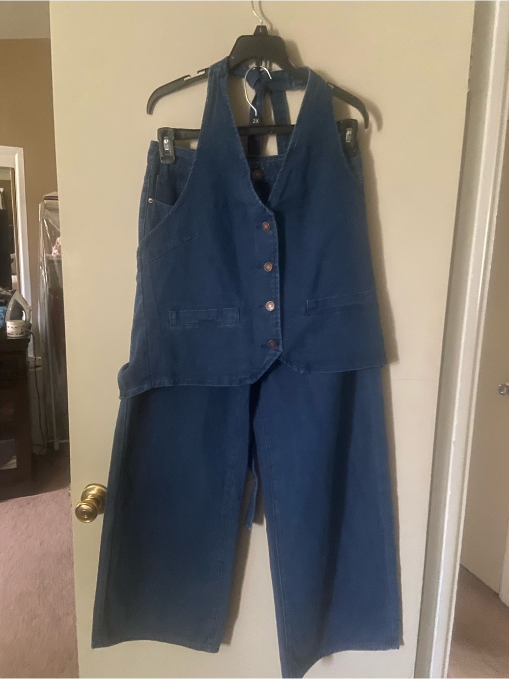 Blue Women’s Denim Vest and Wide-Leg Jeans Set